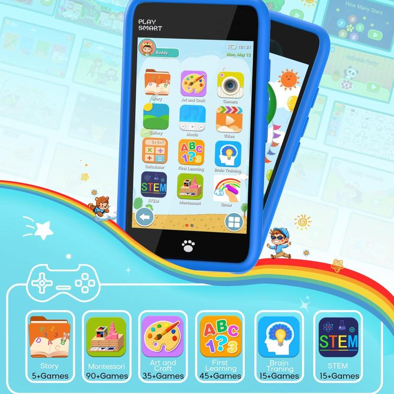 PlaySmart Kids Phone Toys Girls Boys Age 3-12, Camera, 200+ Educational Games, Music Player, 3.97