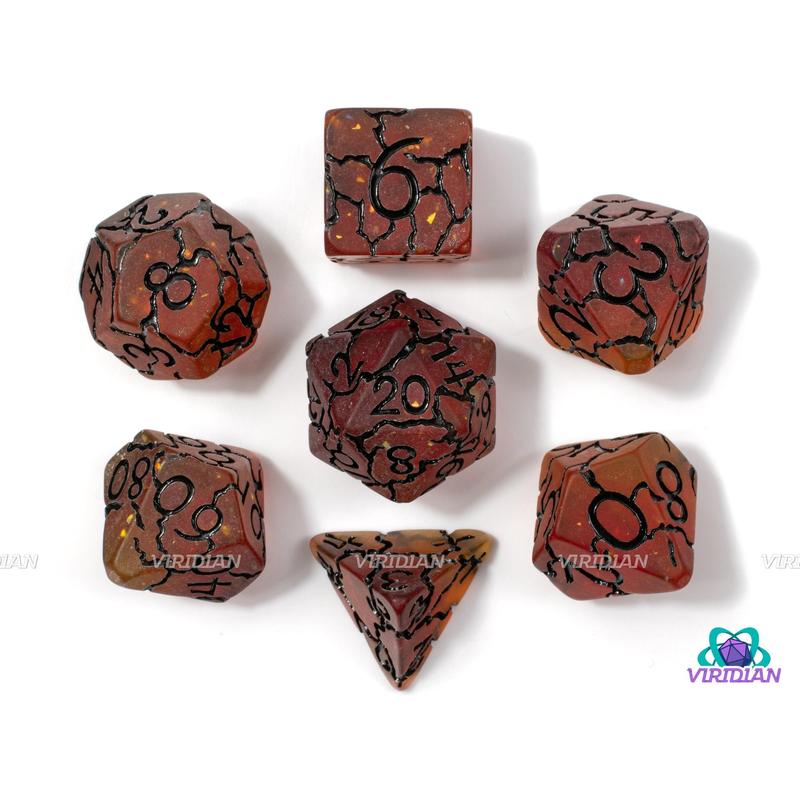 Magma Strike | Semi-Translucent Orange, Foil, Black Lightning Crack Design | Resin Dice Set (7)