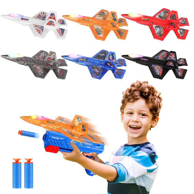 6 Pack Airplane Launcher Toy, 7.4In F-35 LED Foam Catapult Plane for Kids, Outdoor Flying Toys, Birthday Gifts for Boys and Girls Aged 4 5 6 7 8