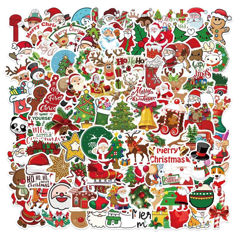 Christmas Themed Sticker, 100pcs set Self Adhesive Decorative Sticker, DIY Decals for Water Bottle Laptop Phone Case Scrapbooking Journal Making