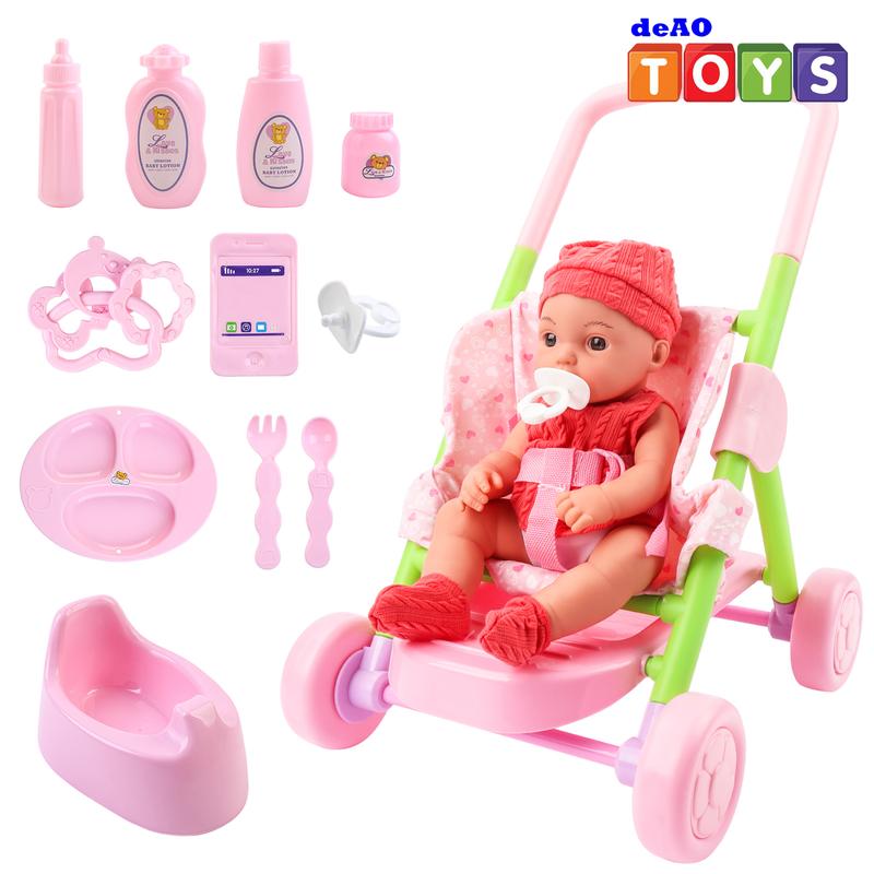 deAO Doll Stroller Set Doll Playset with Smooth Rolling 11Pcs Doll Feeding Accessories -12 Inch Doll Set,Great Nurturing Pretend Toy