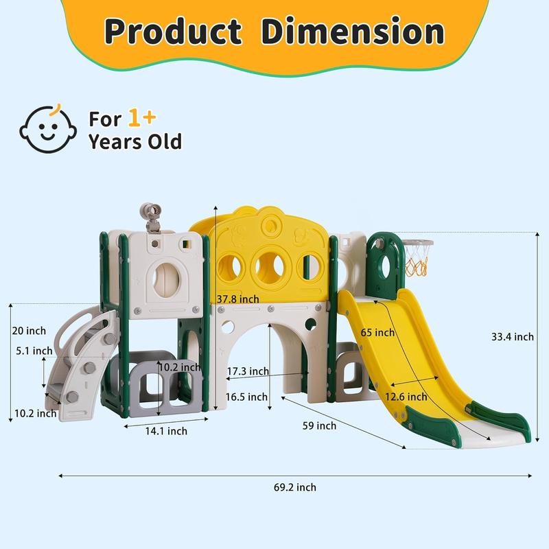 Halloween Gift 8 in 1 Toddler Slide, Toddler Slide for Age 1-3, Baby Slide for Indoor Outdoor with Basketball Hoop and Telescope, Toddler Playset Toddler Playground (Green) Toddler Indoor