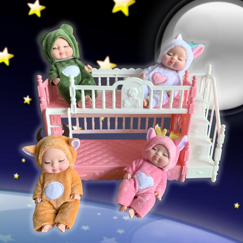 4 Pcs Mini Baby Dolls with Bunk Bed, Dollhouse Bedroom Furniture Set, Little Mini Reborn Babies, Cute Doll for Girls Kids, Birthday Baby Shower Party Gifts, Bull Reindeer Pink Green White Cutie reborn baby christmas  miniatures doll