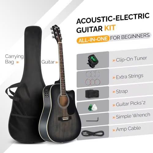 Full Size 6 Strings Acoustic Electric Guitar Beginner Kit, Cutaway 41 Inch Electric Acoustic Guitar w Inbuilt Tuner, Bag, Strap, Picks, Strings, Basswood Guitarra, Matte Distressed Black - SUNSET INSTRUMENTS