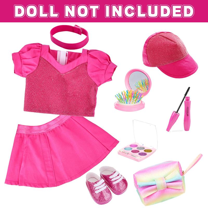 18 Inch Doll Clothes and Accessories Makeup Sets, Fashionable Dress for 18 Inch Girl Dolls, Cosmetic Bag Including Eye Shadow, Mascara, Comb, Shoes, Hat (Doll No Included)