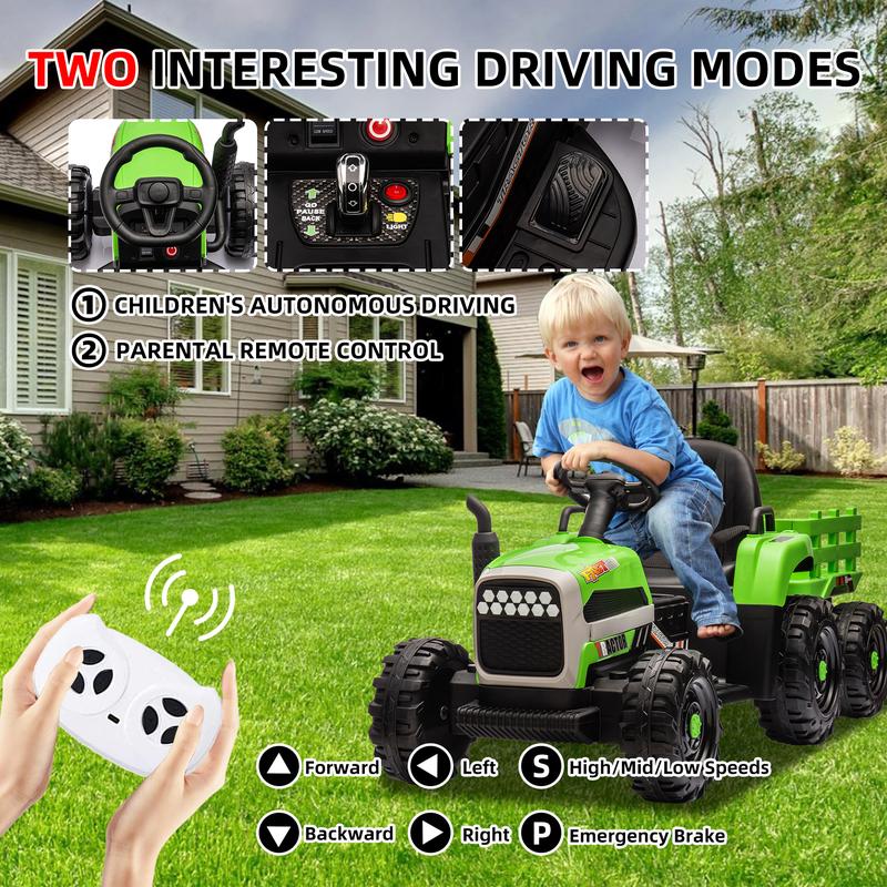 Ride on Tractor with Trailer,12V Battery Powered Electric Tractor Toy w Remote Control,electric car for kids,Three speed adjustable,Power display, USB,MP3 ,Bluetooth,LED light,Two-point safety belt