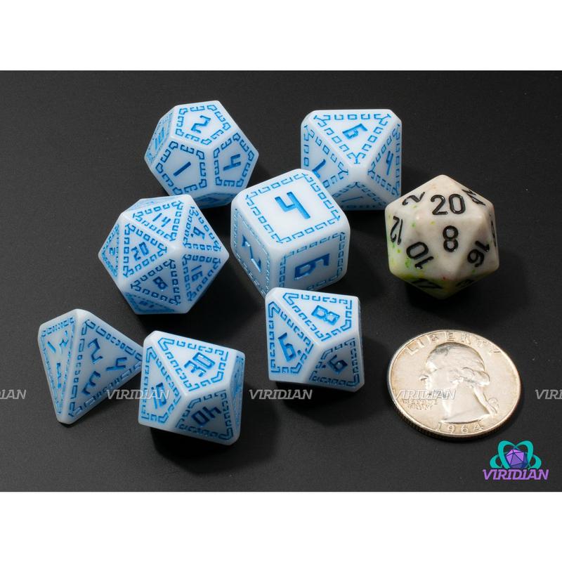 Sky Runes | Matte White, Light Blue, Ornate Runic Design, Greek | Resin Dice Set (7)