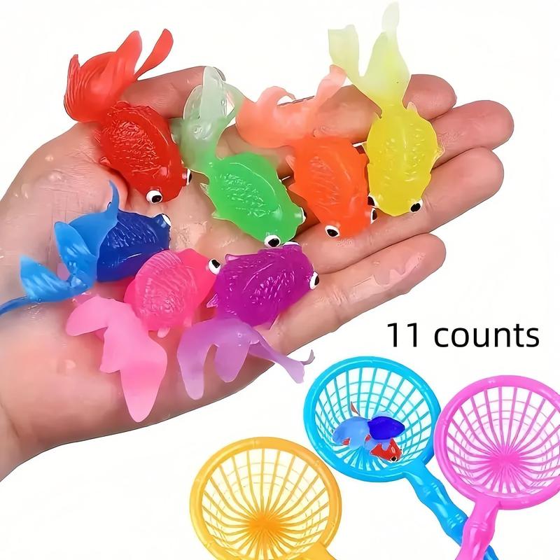 Random Color Floating Fish Toy & Fishing Net Toy, 11pcs set Colorful Simulation Soft Rubber Fish Toy & Fishing Net Toy, Summer Party Gift Supplies