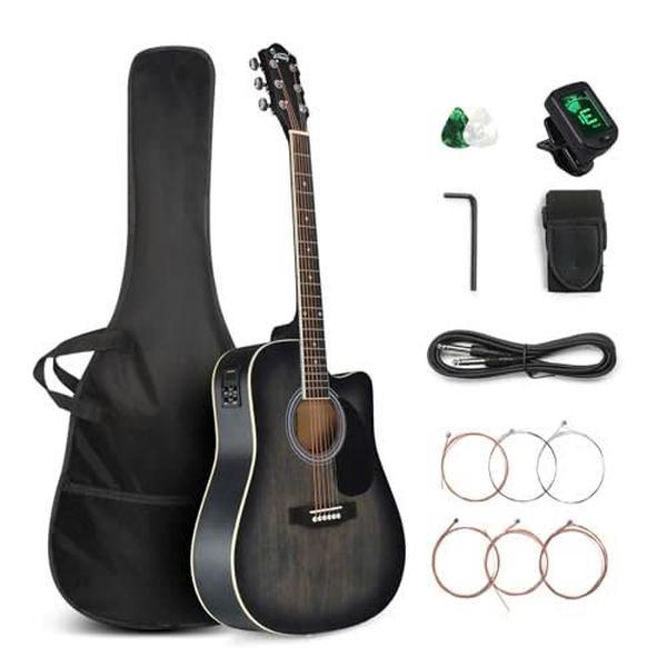 Full Size 6 Strings Acoustic Electric Guitar Beginner Kit, Cutaway 41 Inch Electric Acoustic Guitar w Inbuilt Tuner, Bag, Strap, Picks, Strings, Basswood Guitarra, Matte Distressed Black - SUNSET INSTRUMENTS