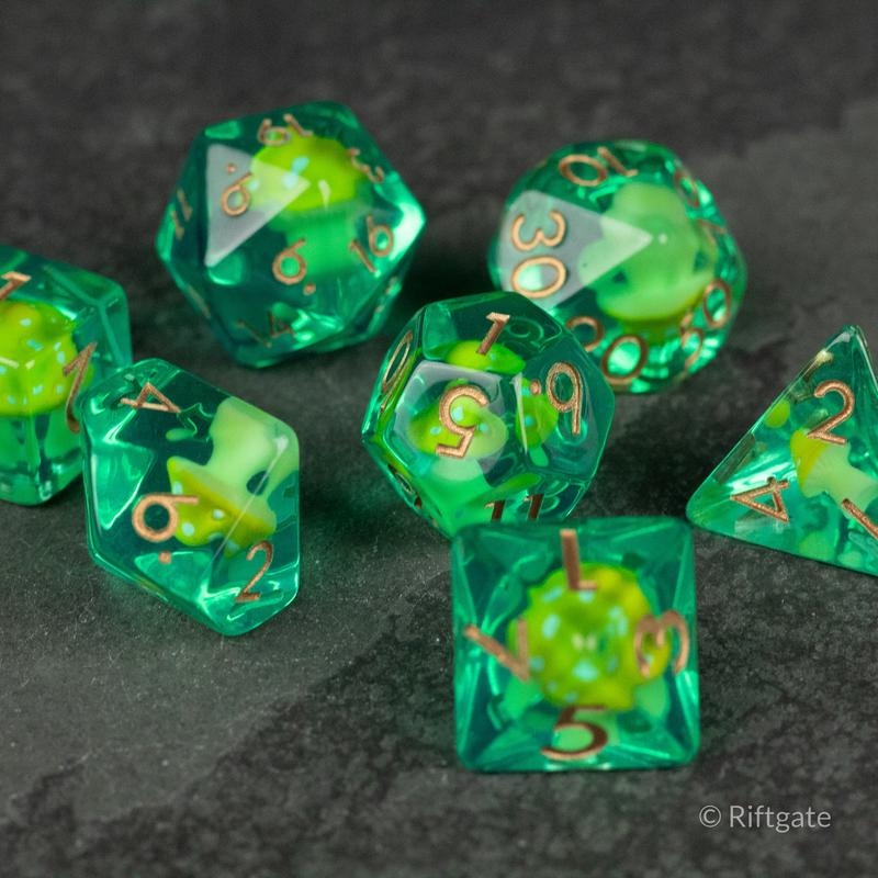 Yellow + Green Mushroom Inclusion DnD Dice Set - Dice for Dungeons and Dragons, D&D Dice, RPG Dice