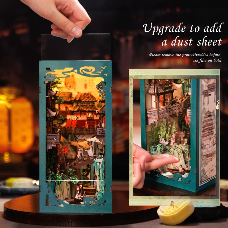 CUTEBEE DIY Book Nook Kit for Adults, DIY Wooden Miniature House Dollhouse Kit Ancient Chinese Landscapes Bookshelf Insert Decor Booknook Model Build Gift Kit with LED Light (Su Dongpo's Life)