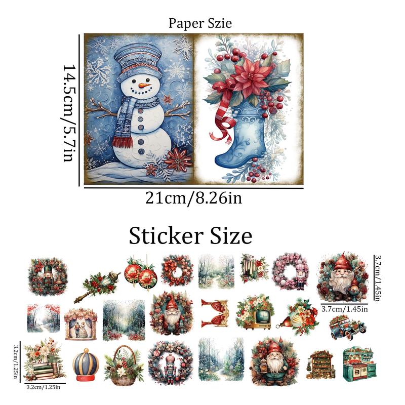 Christmas Themed DIY Writing Junk Set, 60pcs set Holiday Party Scrapbooking Supplies, DIY Crafts, Christmas Decoration, Background Pad [12 Paper Cards & 48 Stickers]