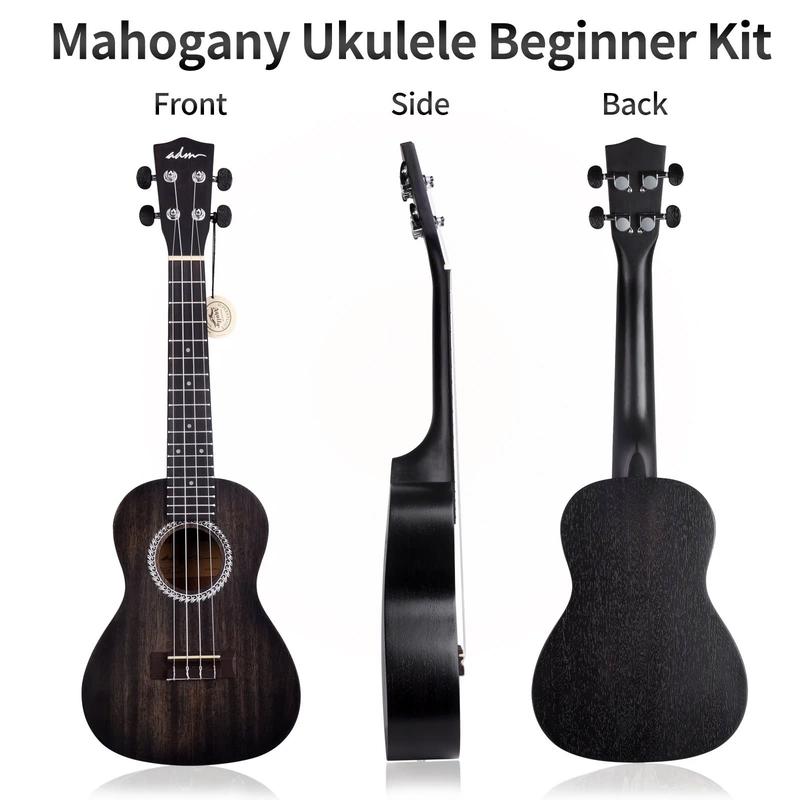 Concert Ukulele 23'' Mahogany Hawaiian Ukulele Kit for Beginner Kid Adult with Free Lessons, Black - YOUTH MUSIC