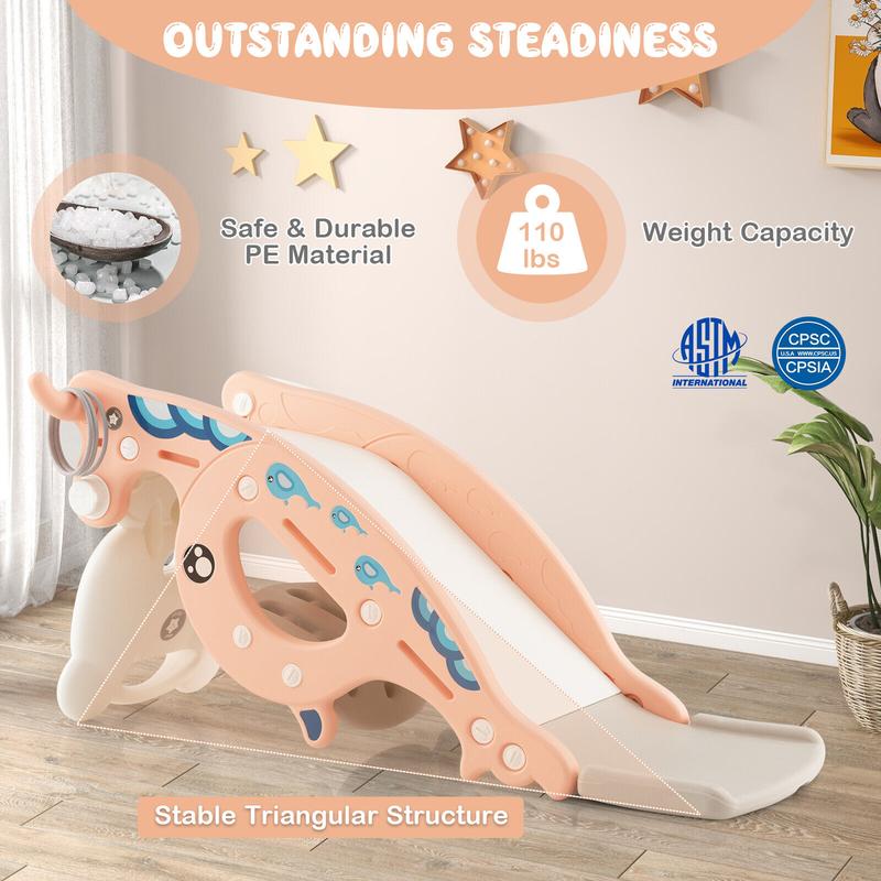 Laicejoy 4-in-1 Kids Slide Rocking Toy Slide Rocking Horse w Basketball Hoop Rings ，Freestanding Baby Slide Toys, Pink