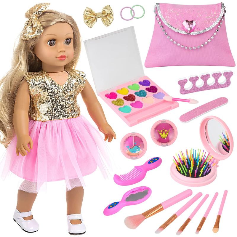 19 Pcs American 18 Inch Doll Clothes and Accessories Make Up Sets includes Doll Dress Cosmetic Bag and Makeup Stuff for 18 Inch Doll Gneration Dolls（No Doll）