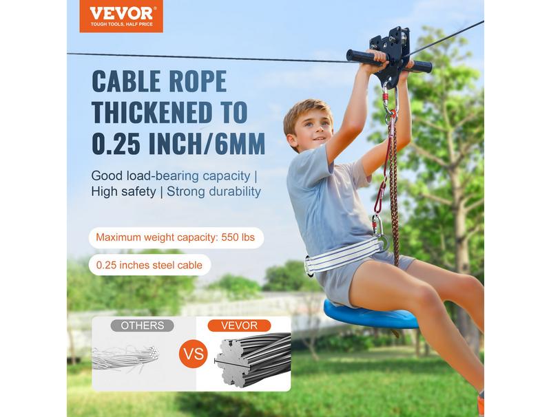 VEVOR Zipline Kit for Kids and Adult, 120 ft Zip Line Kits Up to 500 lb, Backyard Outdoor Quick Setup Zipline, Playground Entertainment with Stainless Steel Zipline, Spring Brake, Safety Harness, Seat