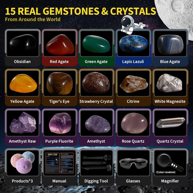 Gemstones Dig Kit, Solar System Science Kit for Kids, Excavate 15 Real Gems, STEM Educational Space Toys Planet Collection Kit, Archaeology Geology Science Projects Gift for Boys&Girls Age 6+