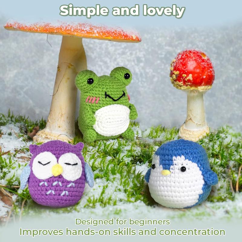 Christmas Crochet Kit for Beginners, 3 Pattern -Owl, Penguin, Frog, Knitting Kit for Adult  with Step-by-Step Video Tutorials and Yarns, Hook, Accessories