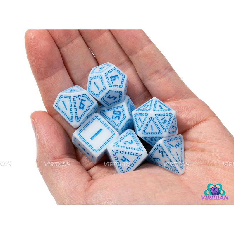 Sky Runes | Matte White, Light Blue, Ornate Runic Design, Greek | Resin Dice Set (7)