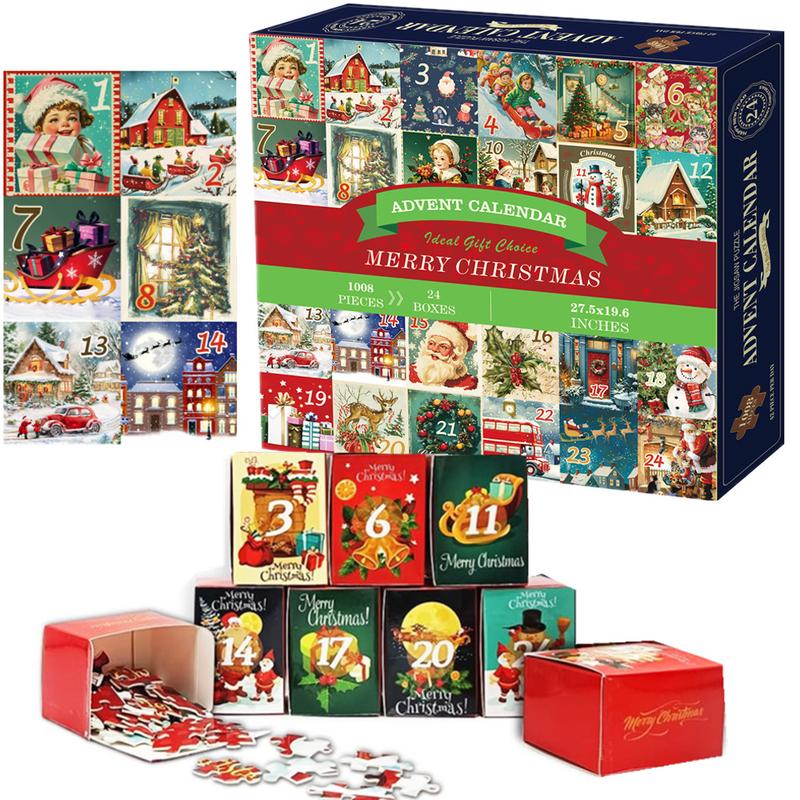 Christmas Puzzle, 2024 Advent Calendar gifts, Christmas Countdown Calendar 24 Days Jigsaw Puzzles, Vintage Holiday Christmas Postcards Puzzles as Christmas wall Decor, 1000 Pieces