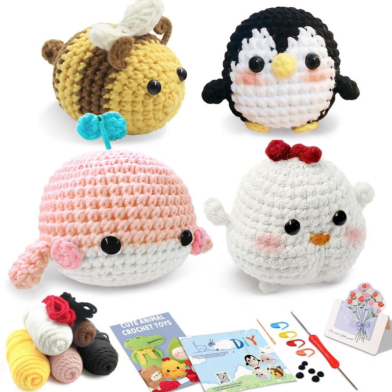 Cute Animal Design Crochet Kit, 4 Counts set Crochet Set with Step-by-step Video Tutorials, DIY Knitting Supplies for Beginners