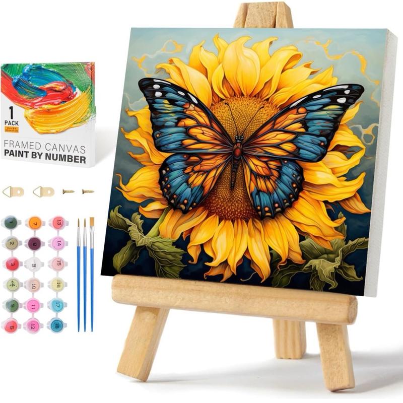 Framed Paint by Numbers Kit for Adults Beginners & Kids Ages 8-12, Butterfly Sunflower Acrylic Easy Paint by Number with Frame, Paint by Number Kits on Canvas Framed (10 * 10 Inch, without Easel)