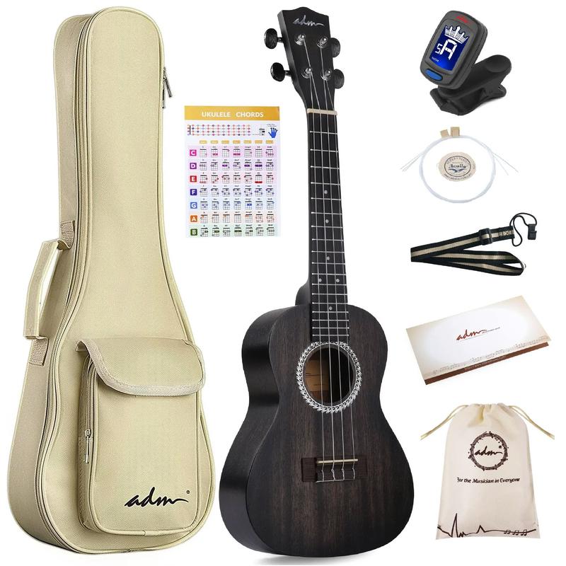 Concert Ukulele 23'' Mahogany Hawaiian Ukulele Kit for Beginner Kid Adult with Free Lessons, Black - YOUTH MUSIC