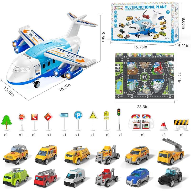 Airplane Toys ,Transport Cargo Airplane Car Toy Play Set - 12PCS Construction Cars Toy Airplane, Toys Plane with Lights and Sounds,Christmas gifts, birthday gifts