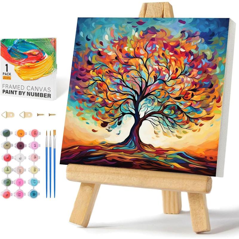 Framed Paint by Numbers Kit for Adults Beginners Tree of Life Acrylic Easy Paint by Number with Frame, Watercolor Paint by Number Kits on Canvas Framed (10 * 10 Inch, without Easel)