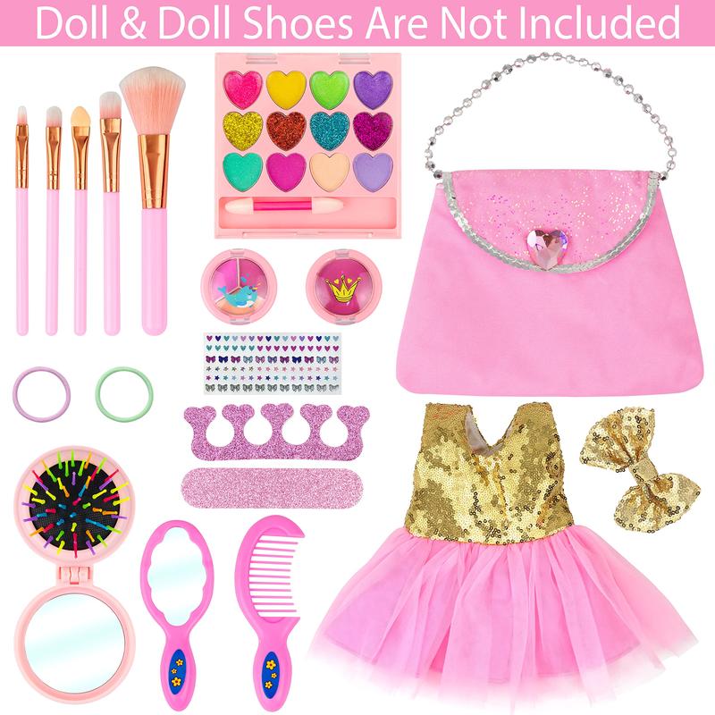 19 Pcs American 18 Inch Doll Clothes and Accessories Make Up Sets includes Doll Dress Cosmetic Bag and Makeup Stuff for 18 Inch Doll Gneration Dolls（No Doll）