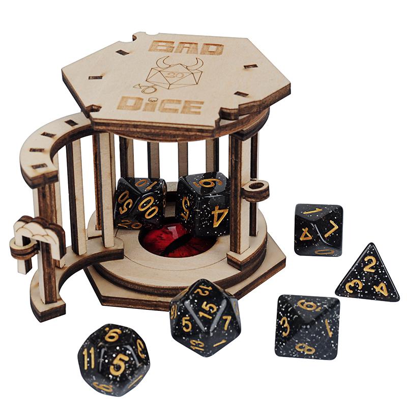 DND Dice Jail Prison with Polyhedral Dice Set Wood Cage for Your Bad Dice