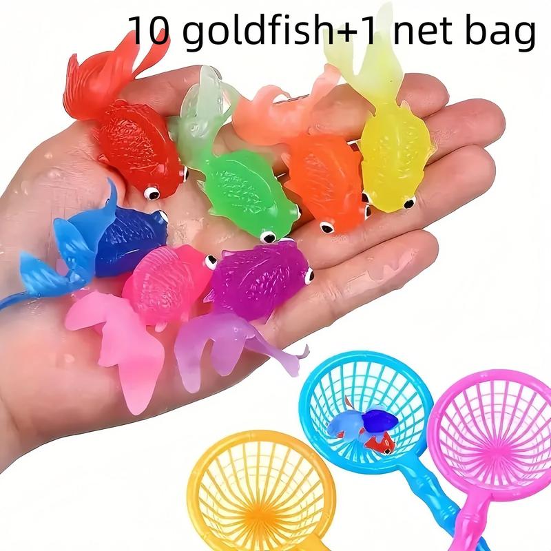 Random Color Fish Shaped Floating Toy & Net (11pcs set), Simulation Soft Rubber Fish Toy, Summer Party Gift, Party Decoration Supplies