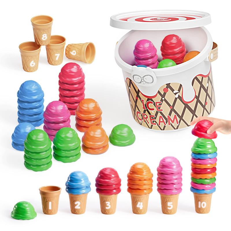 JoyCat Ice Cream Preschool Learning Activities Counting and Color Sorting Set Stacking Toys, Montessori Stacking Fine Motor Skills Toys