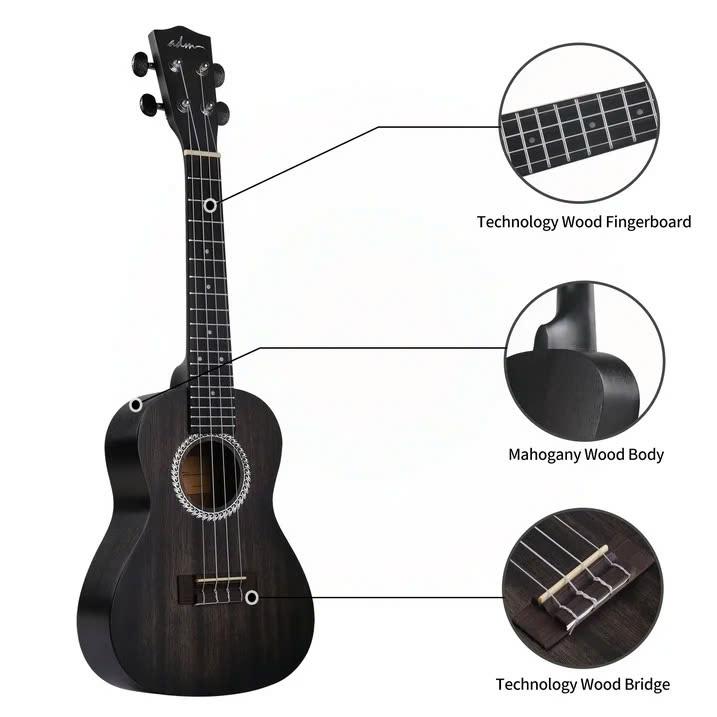 Concert Ukulele 23'' Mahogany Hawaiian Ukulele Kit for Beginner Kid Adult with Free Lessons, Black - YOUTH MUSIC