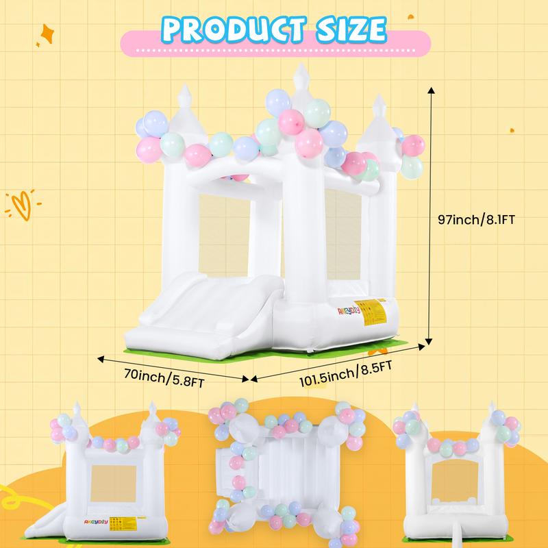 Whubefy White Bounce House, Inflatable White Bouncy Castle for Kids 3-10, Toddler Bouncy House with Slide, Blower, Floor Mat, Balloons, White Jumping Castle for Birthday Wedding Decoration ,Christmas Gifts