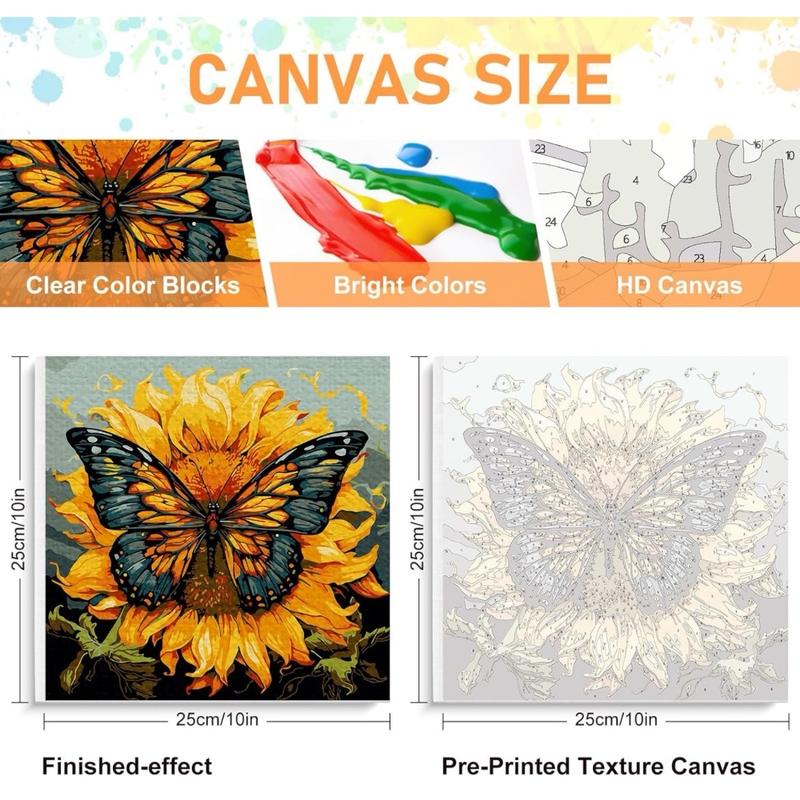 Framed Paint by Numbers Kit for Adults Beginners & Kids Ages 8-12, Butterfly Sunflower Acrylic Easy Paint by Number with Frame, Paint by Number Kits on Canvas Framed (10 * 10 Inch, without Easel)