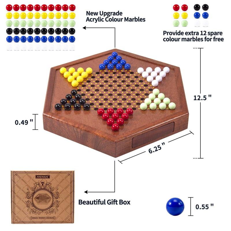 AMEROUS 12.5 inches Wooden Chinese Checkers Set with Storage Drawer - 60 Acrylic Marbles in 6 Colors - 12 BONUS Spare Marbles, Classic Strategy Family Board Game for Kids and Adults