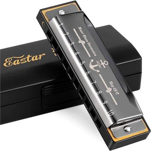 Eastar Major Blues Harmonica, 10 Holes C Key Beginner Harmonica for Kids Children Adults Students, with Hard Case and Cloth, Black