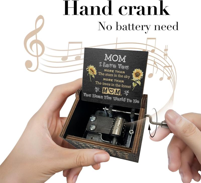 Music Box Gifts for Mom You are My Sunshine Hand Crank Engraved Wooden Musical Boxes Sunflower Gift for Mother on Birthday Christmas Mothers Day Black