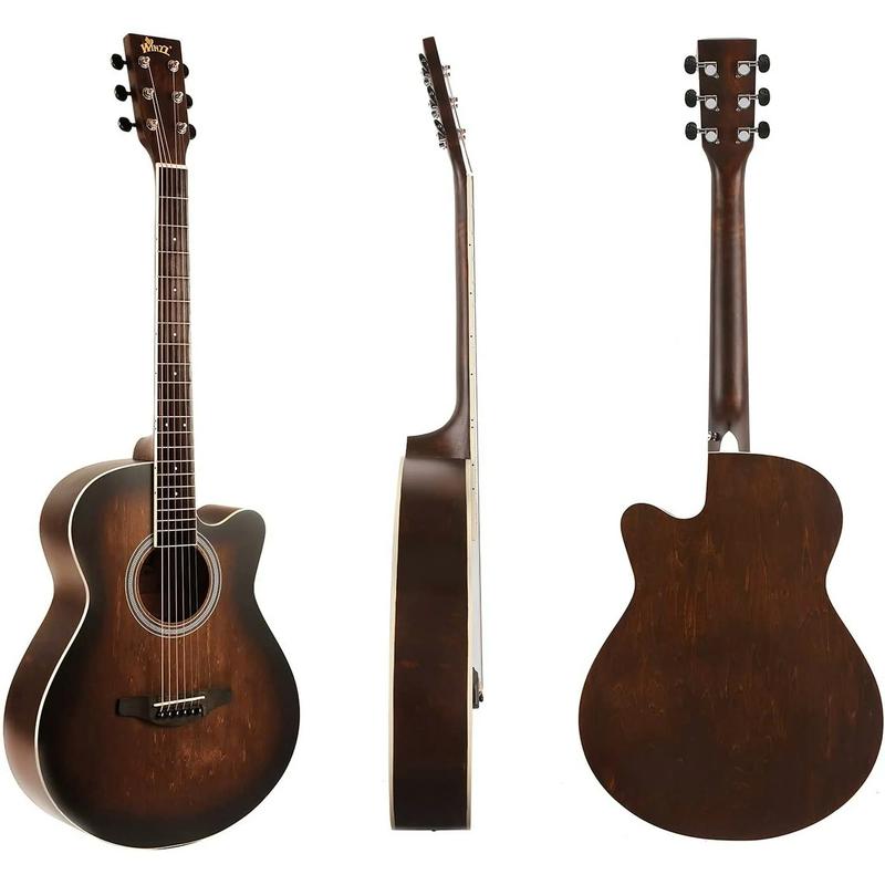 40 Inches Cutaway Acoustic Guitar Beginner Starter Bundle with Online Lessons, Padded Bag, Stand, Tuner, Strap, Picks, Brown, HAND RUBBED Series - SUNSET INSTRUMENTS