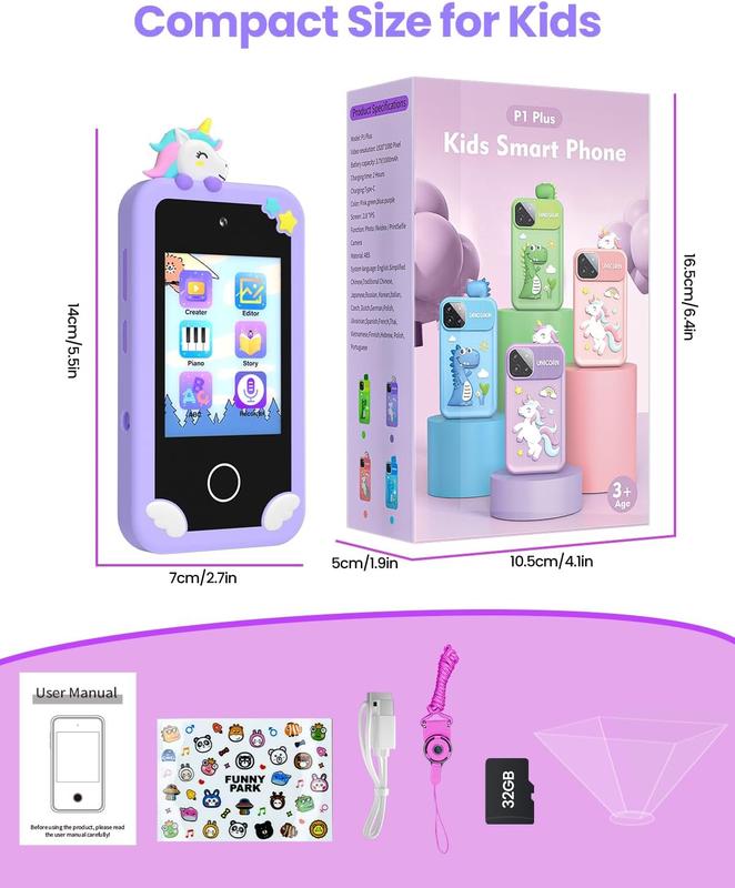 MOREXIMI Smartphone Toy for Kids, Birthday Gift Unicorn Toy Phone, Touch Screen Holographic projection Kids Phone, Travel Toy Preschool Learning Toy with 32GB SD Card