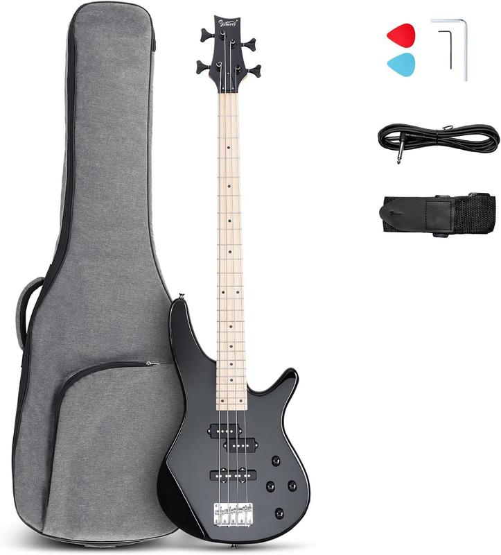 GLARRY Electric Bass Guitar Beginner Kit, 4 String Full Size Solid Body GIB F Series Bass Guitar with Thick Pading Gig Bag Backpack and Accessories (Black)