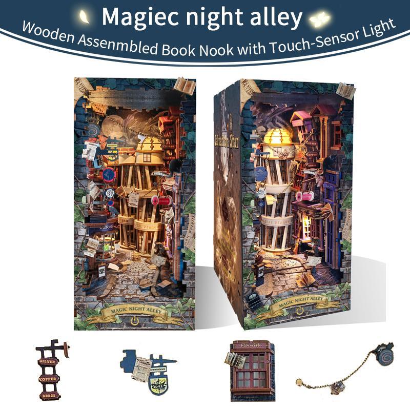 Magic Night Alley Design Book Nook, 1 Set DIY Wooden Making Decorative Alley Book Nook with Touch-on Light Effect, DIY Wooden Making Kit, Wooden DIY Package, Creative Birthday and Holiday Gift Options, Stocking Fillers