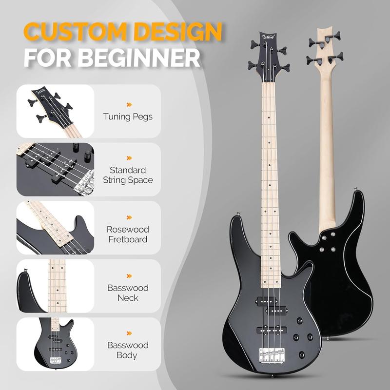 GLARRY Electric Bass Guitar Beginner Kit, 4 String Full Size Solid Body GIB F Series Bass Guitar with Thick Pading Gig Bag Backpack and Accessories (Black)