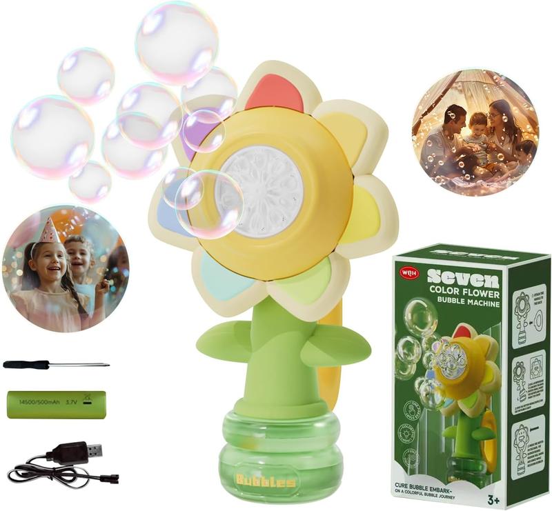 Bubble Machine, Seven-color Flower Bubble Machine, Ambient props for indoor and outdoor birthday parties, Handheld Design,Night Light ,Large Bubble Output,Sunflower,bubble twirler,wubble bubble balls,dinosaur bubblemachine,touchable bubbles,fun bathtoy