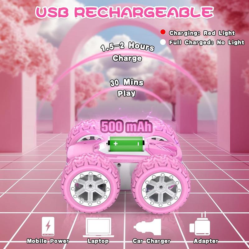 Pink Remote Control Car for Girls, RC Cars for Kids with DIY Sticker & Colorful Lights, 2.4Ghz Double Sided 360 Flips 4WD Stunt Car, Rechargeable Toy Cars for Girl Ages 4-6 5-7 6-8 8-12 Birthday Gift