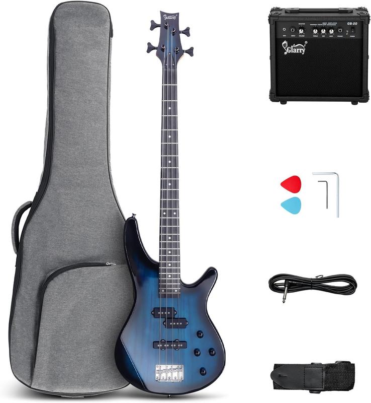 GLARRY 4 String Electric Bass Guitar Beginner Kit, GIB Series Full Size Solid Body Bass Guitar with 20W AMP, Gig Bag Backpack and Accessories (Dark Blue)