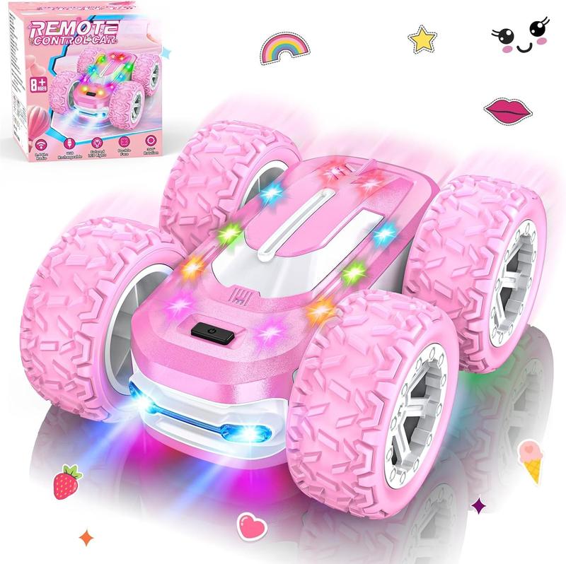 Pink Remote Control Car for Girls, RC Cars for Kids with DIY Sticker & Colorful Lights, 2.4Ghz Double Sided 360 Flips 4WD Stunt Car, Rechargeable Toy Cars for Girl Ages 4-6 5-7 6-8 8-12 Birthday Gift