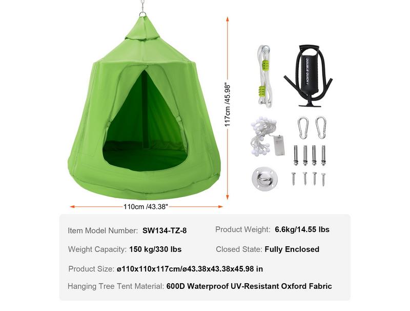 VEVOR Hanging Tree Tent, 330 LBS Capacity Hanging Tent Swing for Indoor and Outdoor Hammock Sensory Swing Chair w LED Lights String, Inflatable Base, Ceiling Swing Pod Play Tent for Kids & Adults