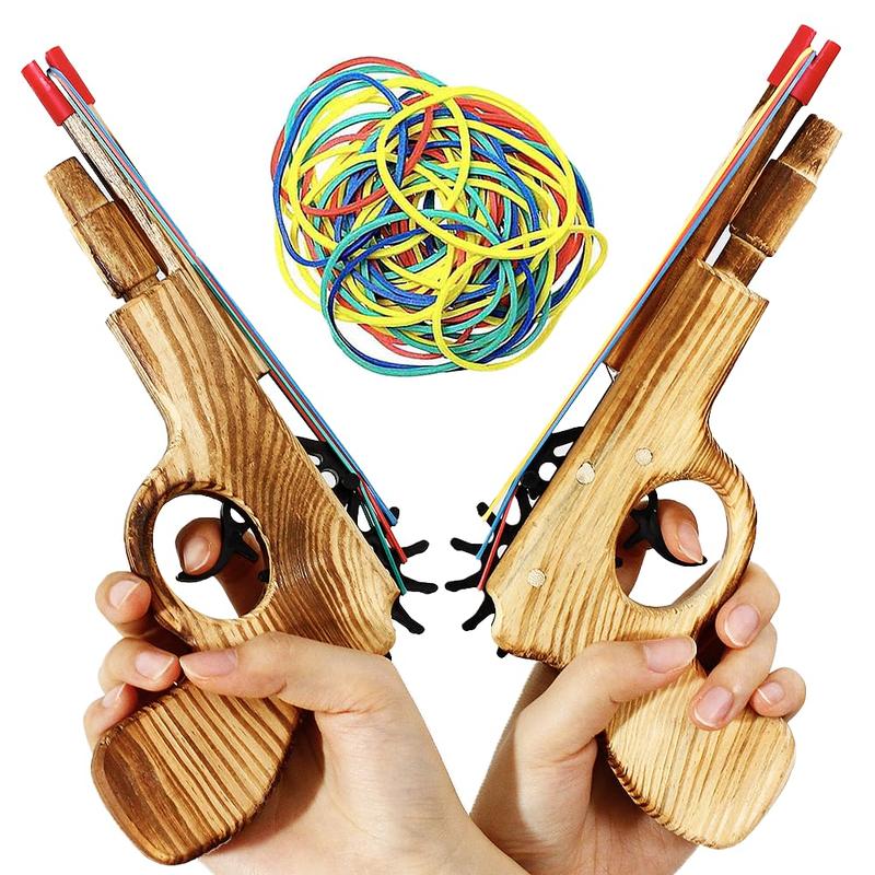 2 Pcs Wooden Rubber Band Gun Kids Outdoor Toy with 100 Rubber Bands 9 Inches Length